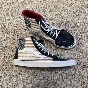 VANS Men's Sk8-Hi American USA Flag Red White Blue Suede Canvas Shoes Sz 11.5
